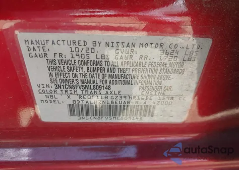 2021 Nissan Versa Sr Xtronic Cvt из США, поврежденный, VIN 3N1CN8FV5ML809148